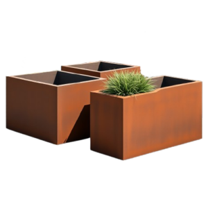 Cortenstaal producten, waaronder plantenbakken en tuinaccessoires, met robuuste en tijdloze uitstraling voor buitenruimtes.