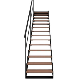 Detailbeeld van de Trap PeakRise Open met leuning – open treden gecombineerd met een stevige leuning voor extra veiligheid en een moderne uitstraling.