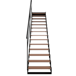 Detailbeeld van de Trap EdgeStep Open met leuning – close-up van de open treden en minimalistische leuning, met een focus op veiligheid en design.