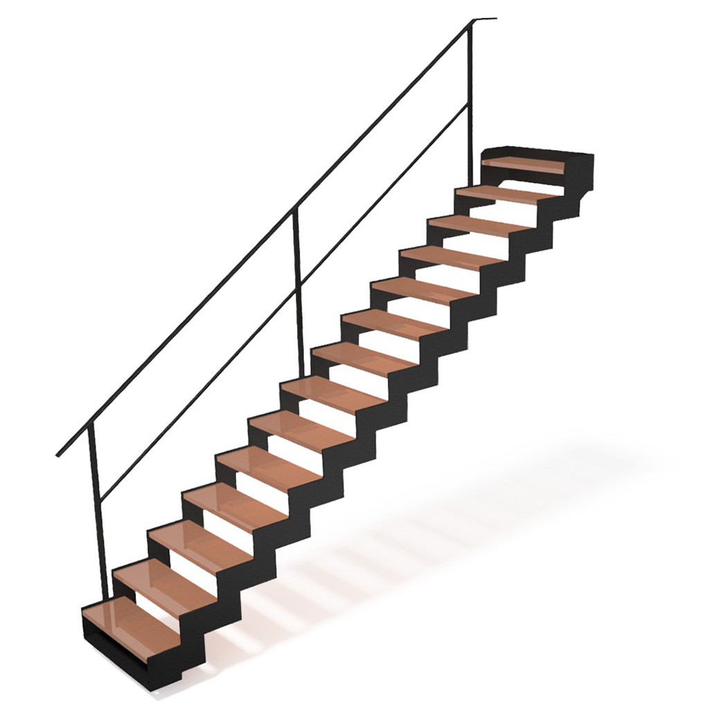 Hoofdbeeld van de Trap EdgeStep Open met leuning – moderne trap met open treden en strakke stalen leuning, perfect voor een ruimtelijke en veilige oplossing in een eigentijds interieur.